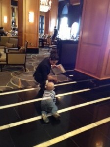 Going up to the Restaurant BLVD - JJ is given a hand