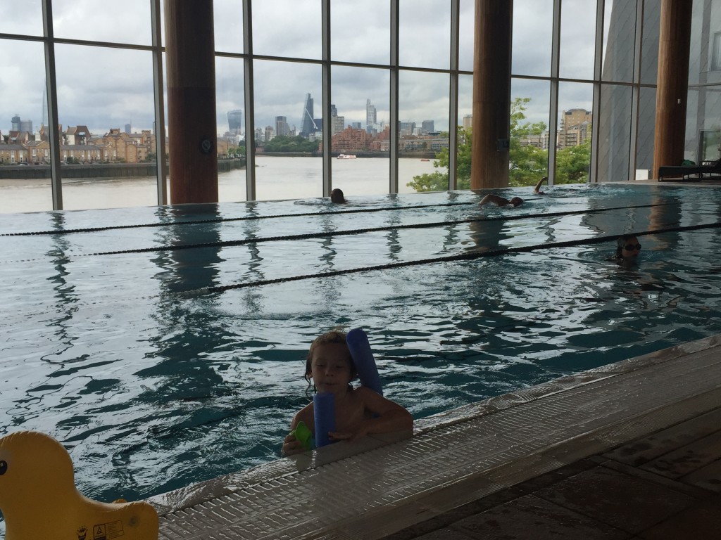 This pool- with a look over London, was featured in some James Bond movie. Kids hours are  limited but they are quite friendly, have noodles and toys. JJ loved it