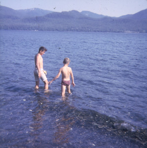 My brother Jimmy and I entering the cold waters of the Pacific  about 1967